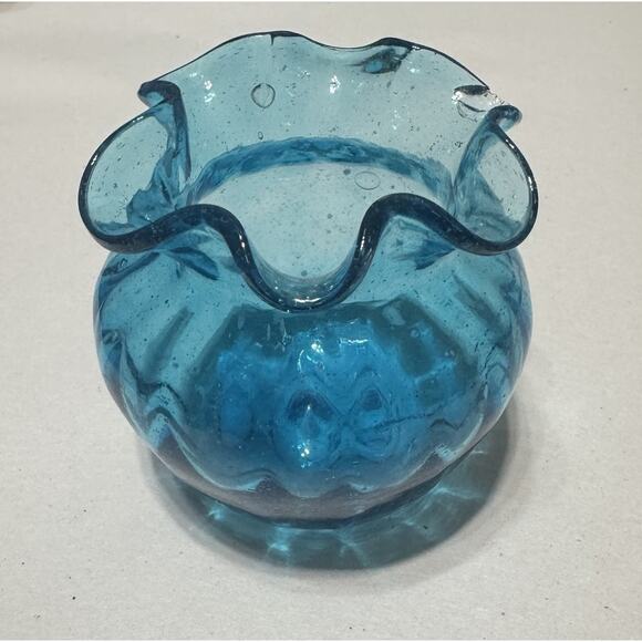 Mid Century Blue Blown Glass Vase Ruffle Edge Empoli Blenko Style Handmade Tiny - Picture 1 of 6